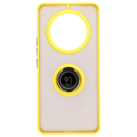 Etui z uchwytem na palec Bizon Case Hybrid Ring do Honor Magic7 Lite, przydymione z żółtą ramką