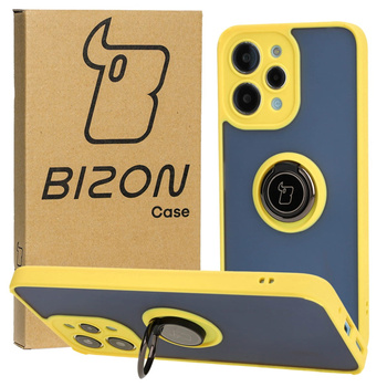 Etui z uchwytem na palec Bizon Case Hybrid Ring do Xiaomi Redmi 12, przydymione z żółtą ramką
