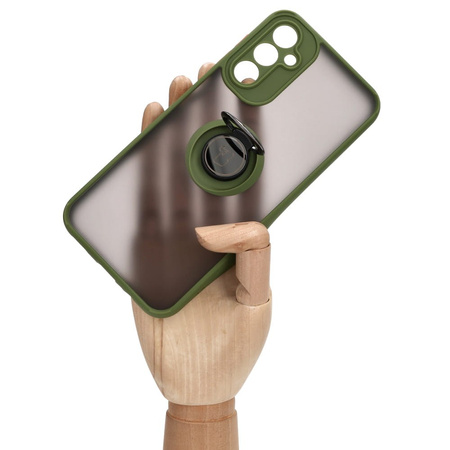 Etui z uchwytem na palec Bizon Case Hybrid Ring do Galaxy A14 4G / 5G, przydymione z zieloną ramką