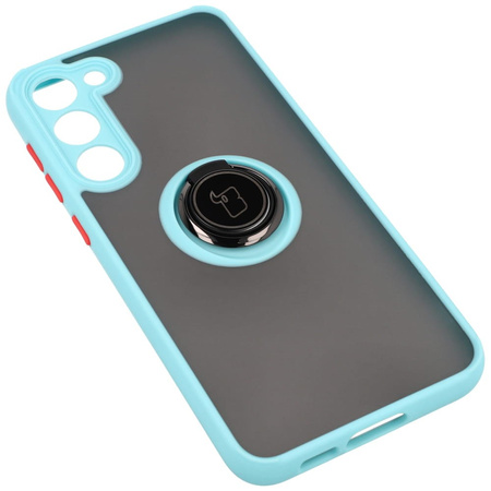 Etui z uchwytem na palec Bizon Case Hybrid Ring do Galaxy S23 Plus, przydymione z jasnoniebieską ramką