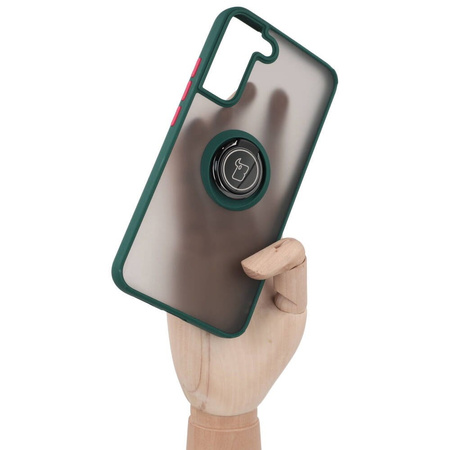 Etui z uchwytem na palec Bizon Case Hybrid Ring do Galaxy S22 Plus, przydymione z ciemnozieloną ramką