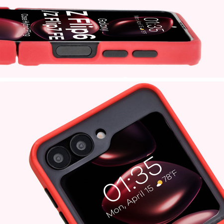 Etui z uchwytem na palec Bizon Case Hybrid Ring do Galaxy Z Flip7 FE / Z Flip6, przydymione z czerwoną ramką