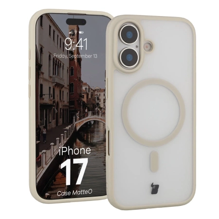 Etui z pierścieniem magnetycznym Bizon Case MatteO do iPhone 17, przydymione-beżowe