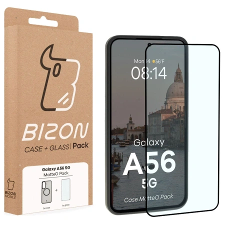 Etui z pierścieniem magnetycznym + szkło hartowane Bizon MatteO Pack do Galaxy A56 5G, przydymione-czarne
