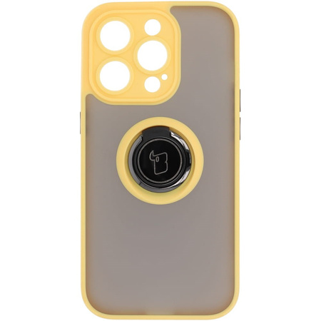 Etui z uchwytem na palec Bizon Case Hybrid Ring do iPhone 14 Pro, przydymione z żółtą ramką