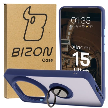 Etui z uchwytem na palec Bizon Case Hybrid Ring do Xiaomi 15 Ultra, przydymione z granatową ramką