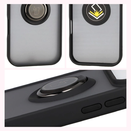 Etui z uchwytem na palec Bizon Case Hybrid Ring do iPhone 17 Pro, przydymione z czarną ramką