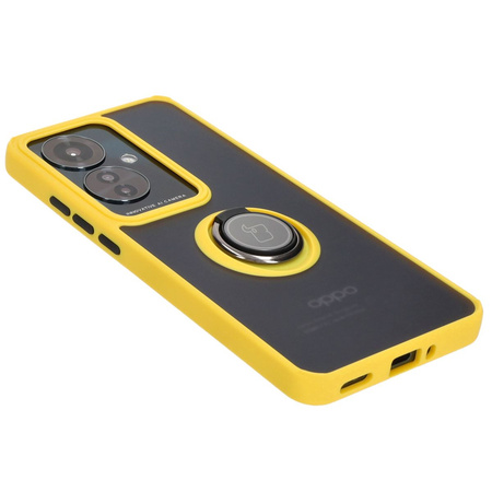 Etui z uchwytem na palec Bizon Case Hybrid Ring do Oppo Reno11 F 5G, przydymione z żółtą ramką