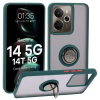 Etui z uchwytem na palec Bizon Case Hybrid Ring do Realme 14 5G / 14T 5G, przydymione z ciemnozieloną ramką