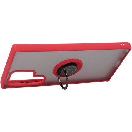 Etui z uchwytem na palec Bizon Case Hybrid Ring do Galaxy S22 Ultra, przydymione z czerwoną ramką