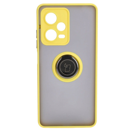 Etui z uchwytem na palec Bizon Case Hybrid Ring do Xiaomi Redmi Note 12 Pro 5G, przydymione z żółtą ramką