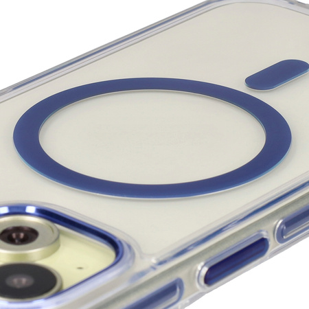 Etui z pierścieniem magnetycznym Bizon Case Marco do iPhone 15, przezroczyste z niebieską ramką