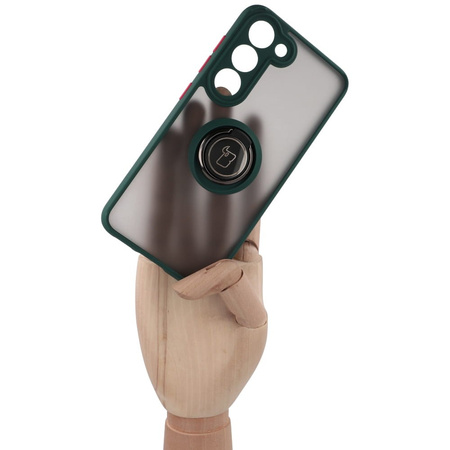 Etui z uchwytem na palec Bizon Case Hybrid Ring do Galaxy S23, przydymione z ciemnozieloną ramką