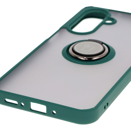 Etui z uchwytem na palec Bizon Case Hybrid Ring do Galaxy A26 5G, przydymione z ciemnozieloną ramką