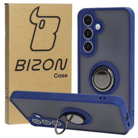 Etui z uchwytem na palec Bizon Case Hybrid Ring do Galaxy S25 / S24, przydymione z granatową ramką
