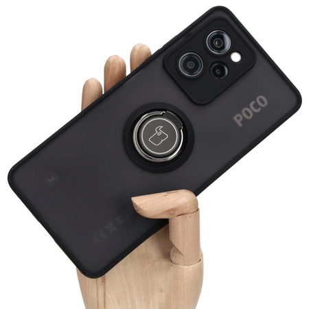 Etui z uchwytem na palec Bizon Case Hybrid Ring do Xiaomi Poco X5 Pro, przydymione z czarną ramką