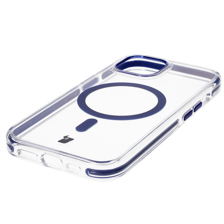 Etui z pierścieniem magnetycznym Bizon Case Marco do iPhone 15, przezroczyste z niebieską ramką