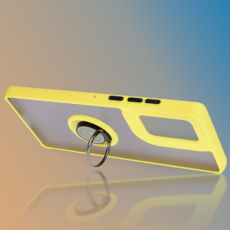 Etui z uchwytem na palec Bizon Case Hybrid Ring do Motorola Edge 50 Fusion, przydymione z żółtą ramką