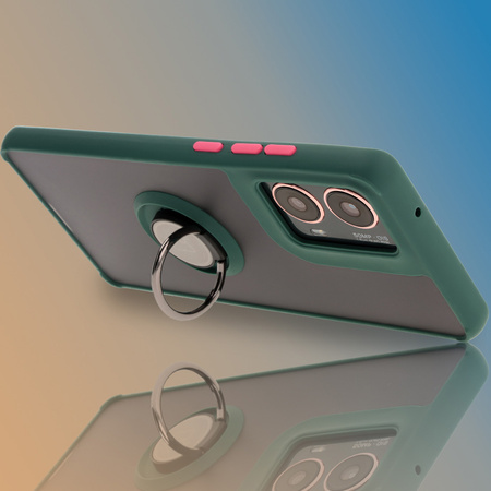 Etui z uchwytem na palec Bizon Case Hybrid Ring do Motorola Moto G85 5G, przydymione z ciemnozieloną ramką