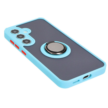 Etui z uchwytem na palec Bizon Case Hybrid Ring do Galaxy S25 / S24, przydymione z jasnoniebieską ramką