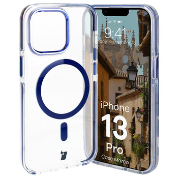 Etui z pierścieniem magnetycznym Bizon Case Marco do iPhone 13 Pro, przezroczyste z niebieską ramką