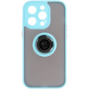 Etui z uchwytem na palec Bizon Case Hybrid Ring do iPhone 14 Pro, przydymione z jasnoniebieską ramką