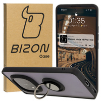 Etui z uchwytem na palec Bizon Case Hybrid Ring do Xiaomi Redmi Note 14 Pro Plus 5G, przydymione z czarną ramką