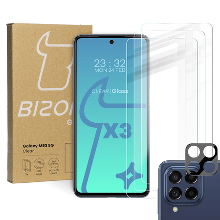 3x Szkło hartowane + szybka na aparat Bizon Glass Clear Pack do Galaxy M53 5G