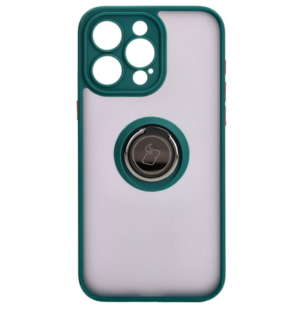 Etui z uchwytem na palec Bizon Case Hybrid Ring do iPhone 15 Pro Max, przydymione z ciemnozieloną ramką