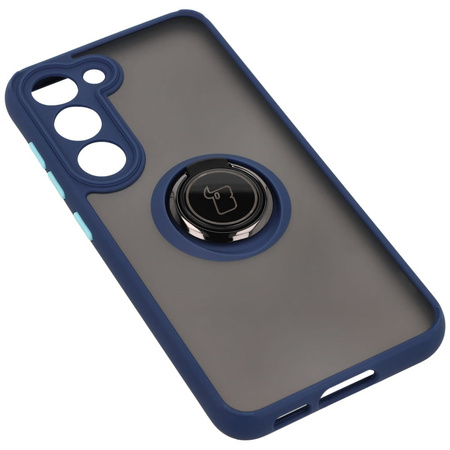 Etui z uchwytem na palec Bizon Case Hybrid Ring do Galaxy S23, przydymione z granatową ramką