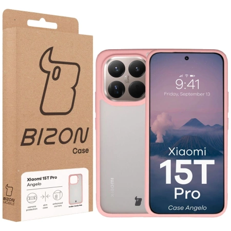 Etui Bizon Case Angelo do Xiaomi 15T Pro, półprzezroczyste z jasnoróżową ramką
