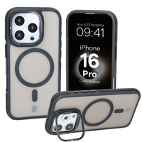 Etui z podstawką i pierścieniem magnetycznym Bizon Case Eclipse do iPhone 16 Pro,  przydymione z czarną ramką