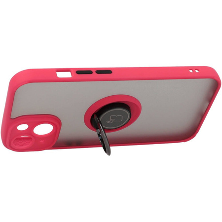 Etui z uchwytem na palec Bizon Case Hybrid Ring do iPhone 14, przydymione z czerwoną ramką