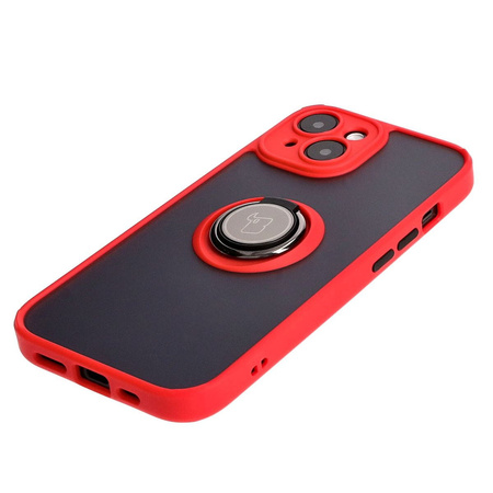 Etui z uchwytem na palec Bizon Case Hybrid Ring do iPhone 15, przydymione z czerwoną ramką