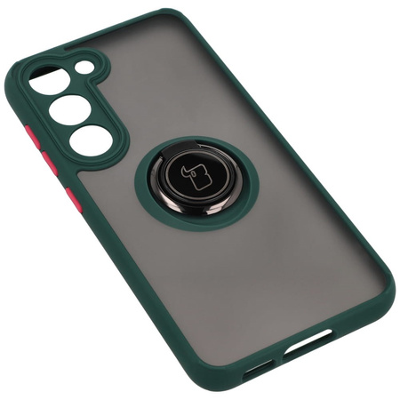 Etui z uchwytem na palec Bizon Case Hybrid Ring do Galaxy S23, przydymione z ciemnozieloną ramką