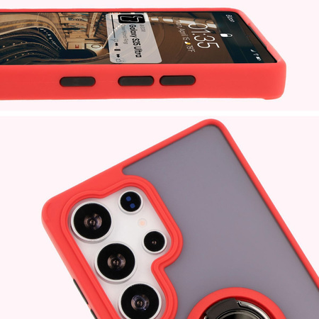 Etui z uchwytem na palec Bizon Case Hybrid Ring do Galaxy S25 Ultra, przydymione z czerwoną ramką