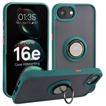 Etui z uchwytem na palec Bizon Case Hybrid Ring do iPhone 16e, przydymione z ciemnozieloną ramką