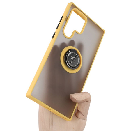Etui z uchwytem na palec Bizon Case Hybrid Ring do Galaxy S22 Ultra, przydymione z żółtą ramką