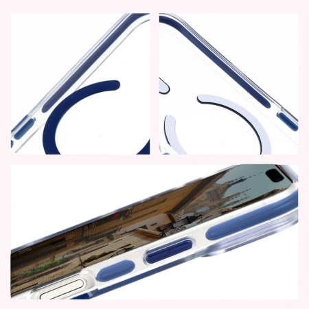 Etui z pierścieniem magnetycznym Bizon Case Marco do iPhone 17 Pro, przezroczyste z niebieską ramką