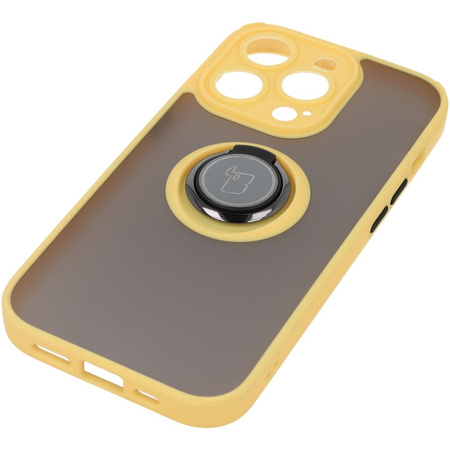 Etui z uchwytem na palec Bizon Case Hybrid Ring do iPhone 14 Pro, przydymione z żółtą ramką