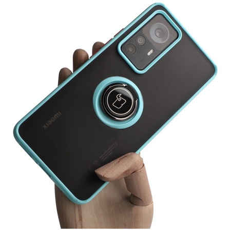 Etui z uchwytem na palec Bizon Case Hybrid Ring do Xiaomi 12T / 12T Pro, przydymione z jasnoniebieską ramką