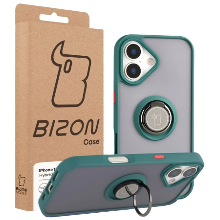 Etui z uchwytem na palec Bizon Case Hybrid Ring do iPhone 17, przydymione z ciemnozieloną ramką