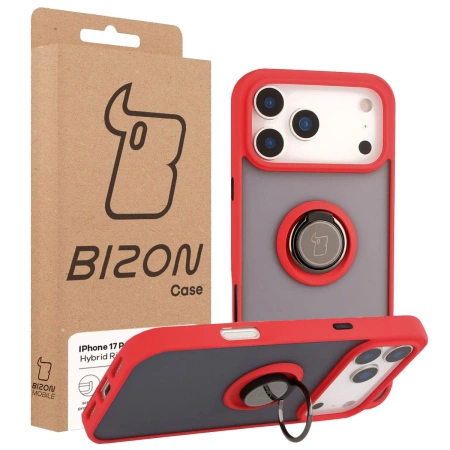 Etui z uchwytem na palec Bizon Case Hybrid Ring do iPhone 17 Pro Max, przydymione z czerwoną ramką