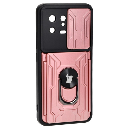 Etui Bizon Case Camshield Card Slot Ring do Xiaomi 13, jasnoróżowe