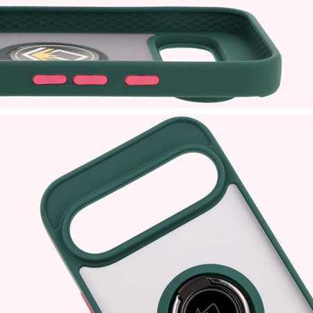 Etui z uchwytem na palec Bizon Case Hybrid Ring do Google Pixel 9 / 9 Pro, przydymione z ciemnozieloną ramką