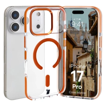 Etui z pierścieniem magnetycznym Bizon Case Marco do iPhone 17 Pro, przezroczyste z pomarańczową ramką