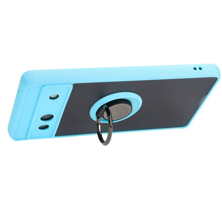 Etui z uchwytem na palec Bizon Case Hybrid Ring do Google Pixel 7A, przydymione z jasnoniebieską ramką
