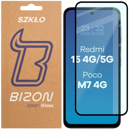 Szkło hartowane Bizon Glass Edge 2 do Xiaomi Redmi 15 4G / 5G / POCO M7 4G, czarna ramka