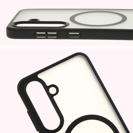 Etui z pierścieniem magnetycznym Bizon Case MatteO do Galaxy S25, półprzezroczyste z czarną ramką