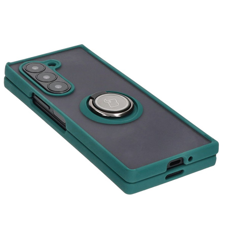 Etui z uchwytem na palec Bizon Case Hybrid Ring do Galaxy Z Fold6, przydymione z ciemnozieloną ramką